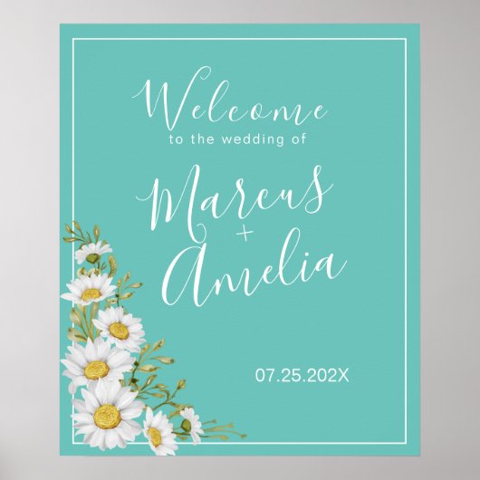 Poster Mariage de marguerites Turquoises et blanches (Devant)