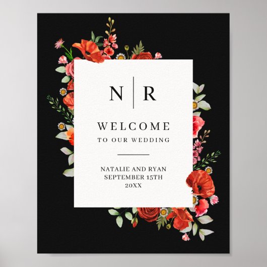 Poster Mariage de monogramme noir Fleur sauvage (Devant)