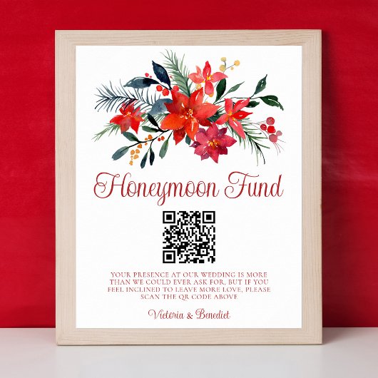 Poster Mariage de Noël rouge Floral Honeymoon Fund