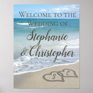 Poster Mariage de plage Coeurs Monogrammes dans le sable