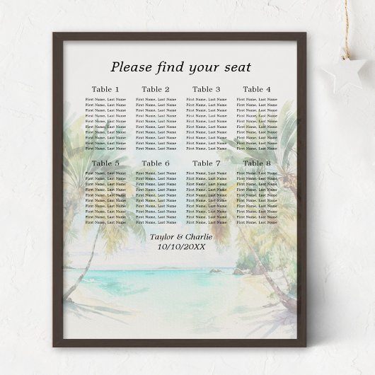 Poster Mariage de plage tropicale 8 tables Carte de siège