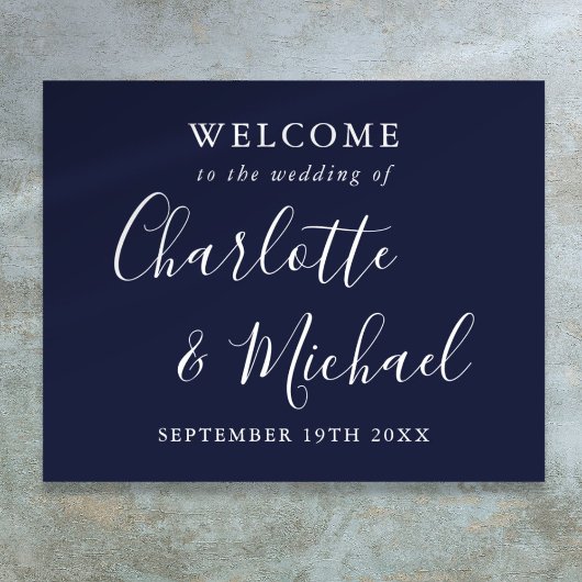 Poster Mariage de script signature bleu marine Bienvenue