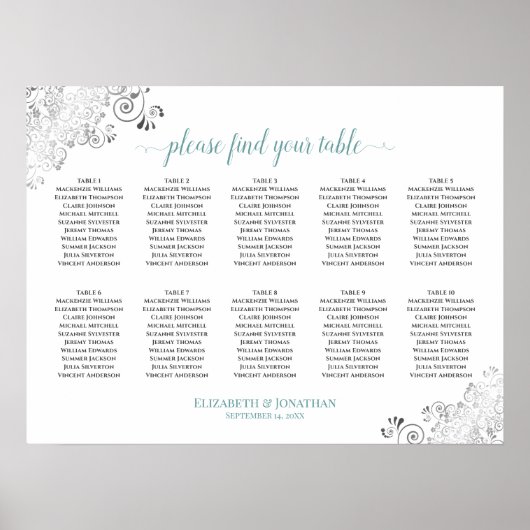 Poster Mariage de table 10 encadré blanc & Turquoise (Devant)