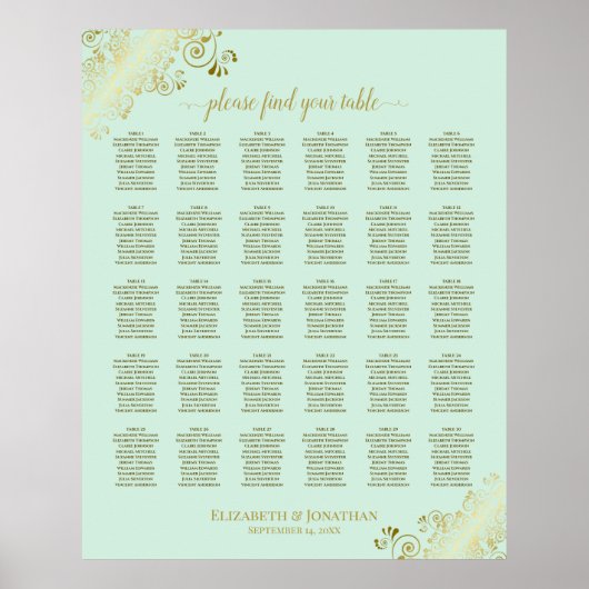 Poster Mariage de table Gold & Mint Green 30 (Devant)