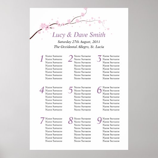 Poster Mariage de table rose et violet Plan de siège (Devant)