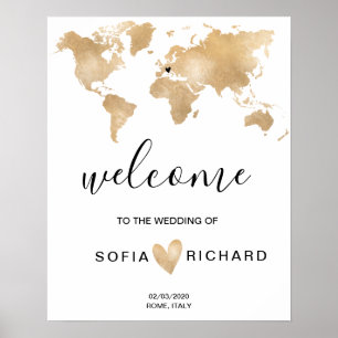 Poster Mariage Destination World Map Gold Removable Heart