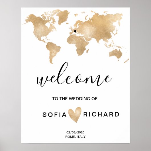Poster Mariage Destination World Map Gold Removable Heart (Devant)