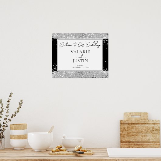 Poster Mariage d'hiver Silver et Parties scintillant noir (Cuisine)