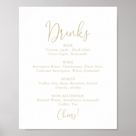 Poster Mariage d'or Boissons Menu Fancy Script Sign (Devant)