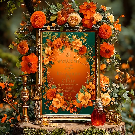 Poster Mariage druide d'automne orange et vert