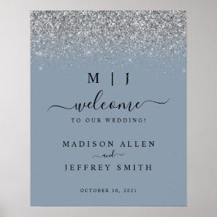 Poster Mariage Dusty Blue & Silver Parties scintillant Af