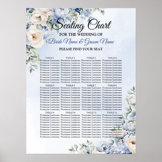 Poster Mariage Dusty Blue Watercolor Fleurs d'ivoire Feui (Devant)