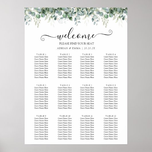 Poster Mariage Élégant avec Verdure d'Eucalyptus (Devant)