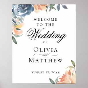 Poster Mariage élégant bienvenue botanique pêche bleue