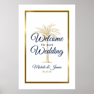 Poster Mariage élégant Bienvenue Palmier Or Navy