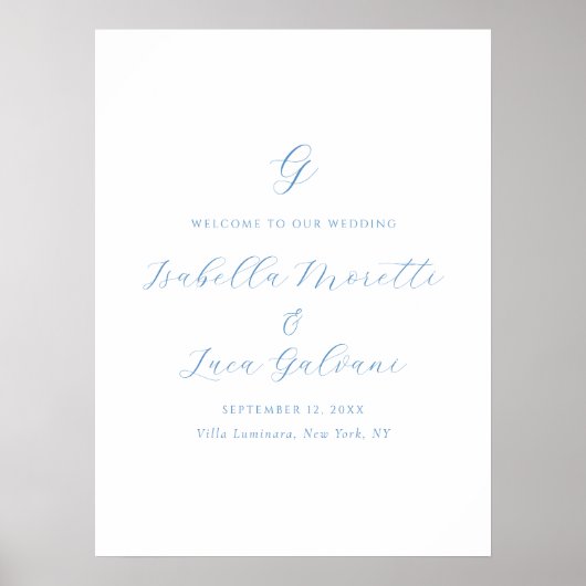 Poster Mariage élégant bleu et blanc de style côtier chic (Devant)