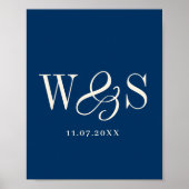 Poster Mariage élégant bleu marine initiales couple (Devant)