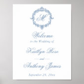 Poster Mariage Élégant Vintage Bleu Toile Monogram (Devant)