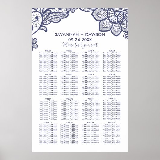 Poster Mariage en dentelle bleu de la Marine florale (Devant)