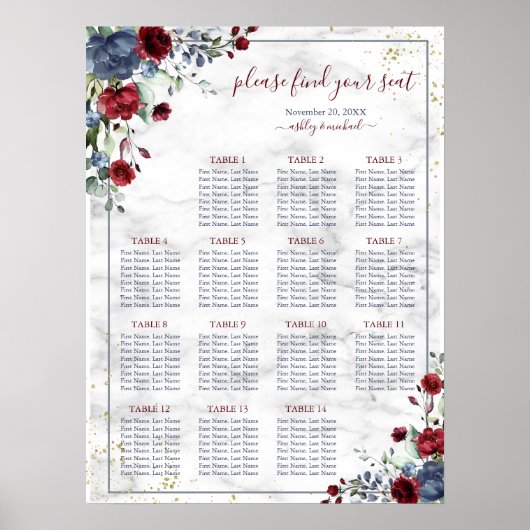 Poster Mariage en marbre floral Dusty Burgundy (Devant)