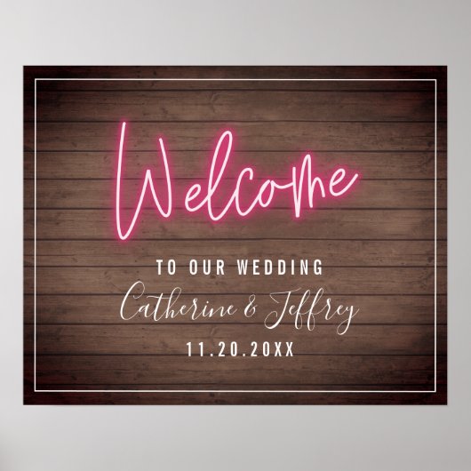 Poster Mariage en tôle de bois Neon Bienvenue (Devant)
