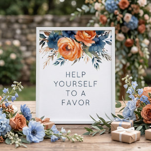 Poster Mariage enseigne Favor Fleurs Orange Brûlé Navy