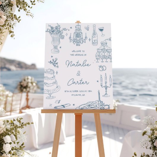 Poster Mariage fantaisiste bleu poussiéreux dessiné à la 
