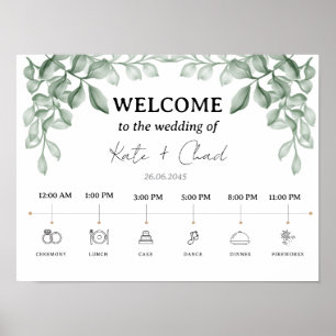 Poster Mariage Feuille vert Bienvenue & Timeline