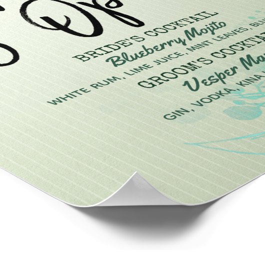 Poster Mariage Feuille vert Le bar est ouvert Menu boisso (Coin)