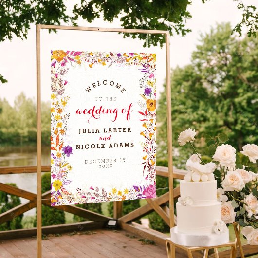 Poster Mariage Fleur de Boho Orange Violet Feuillage