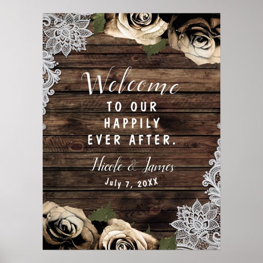 Poster Mariage Fleur de Roses Glam Or Bois Rustique Dente (Devant)