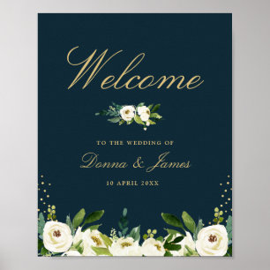 Poster mariage fleuri blanc ivoire signe de bienvenue