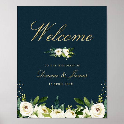 Poster mariage fleuri blanc ivoire signe de bienvenue (Devant)