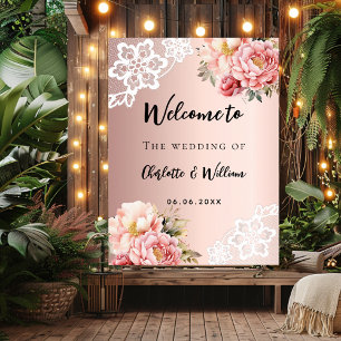 Poster Mariage fleurons roses or dentelle signe de bienve