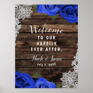 Poster Mariage Fleurs Roses Bleu Violet Bois Rustique Den