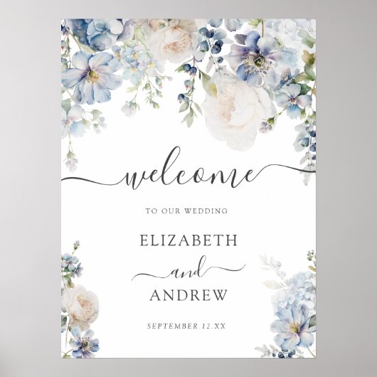 Poster Mariage floral blanc et bleu chic (Devant)