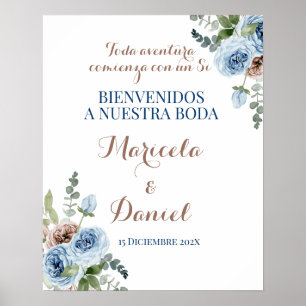 Poster Mariage floral bleu espagnol Signet de bienvenue