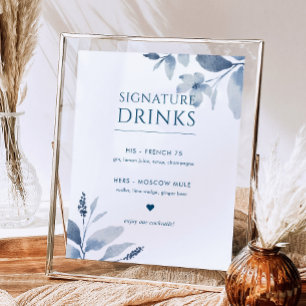 Poster Mariage floral bleu foncé Signature Boissons Signa