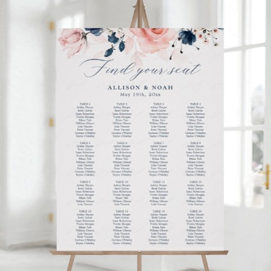 Poster Mariage floral bleu marine et rose pâle