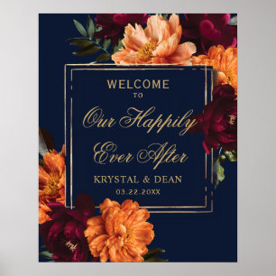 Poster Mariage Floral Bordeaux Brûlé Orange Sombre et Mys