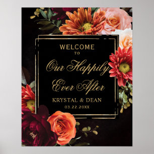 Poster Mariage Floral Bordeaux Noir Humeur Sombre Orange