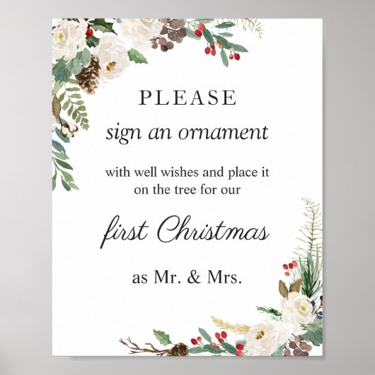 Poster Mariage floral d'hiver rustique Signer un ornement (Devant)