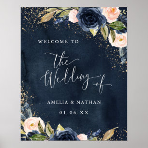 Poster Mariage floral étincelant de la marine dorée