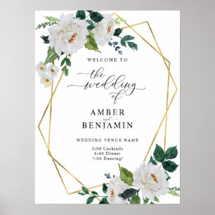 Poster Mariage floral Feuille d'ivoire blanc Bienvenue