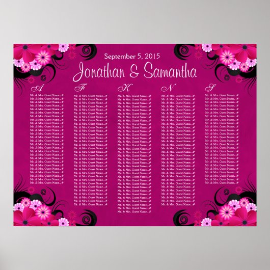 Poster Mariage floral foncé Fuchsia Cartes de sièges (Devant)