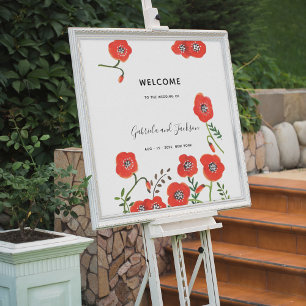 Poster Mariage Floral Moderne Fleurs Sauvages Pavots Roug
