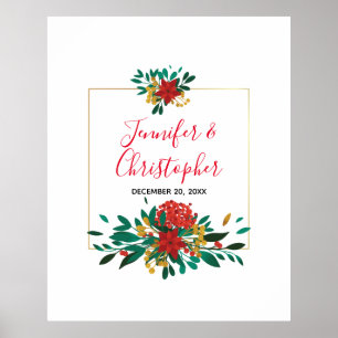 Poster Mariage floral moderne Red Green & Gold Christmas