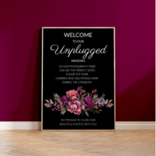 Poster Mariage floral noir violet sans bouchon