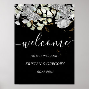 Poster mariage floral or argent dramatique Bienvenue