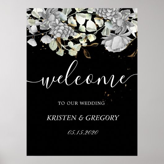Poster mariage floral or argent dramatique Bienvenue (Devant)